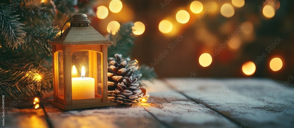 Poster Closeup of a festive Christmas wooden lantern featuring a candle fir tree and sparkling lights with selective focus. with copy space image. Place for adding text or design