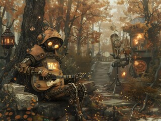 Fototapeta premium Robot Musician in a Mystical Autumn Forest.
