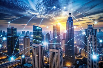 Global connections depicted through financial data streams flowing above city skyscrapers, symbolizing modern commerce, digital computing, and business networking in a futuristic urban landscape.