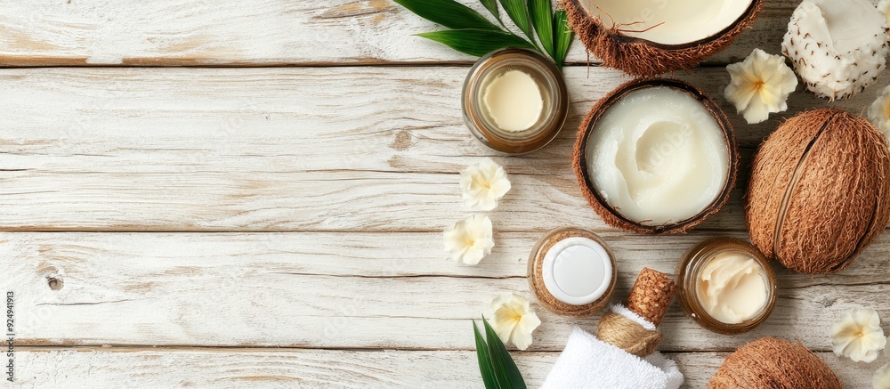 Poster coconut spa products on a light wooden surface. with copy space image. place for adding text or desi