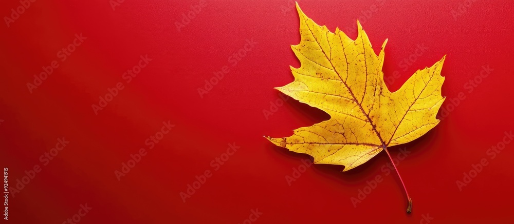 Aufkleber A yellow maple leaf is placed against a red background. with copy space image. Place for adding text or design
