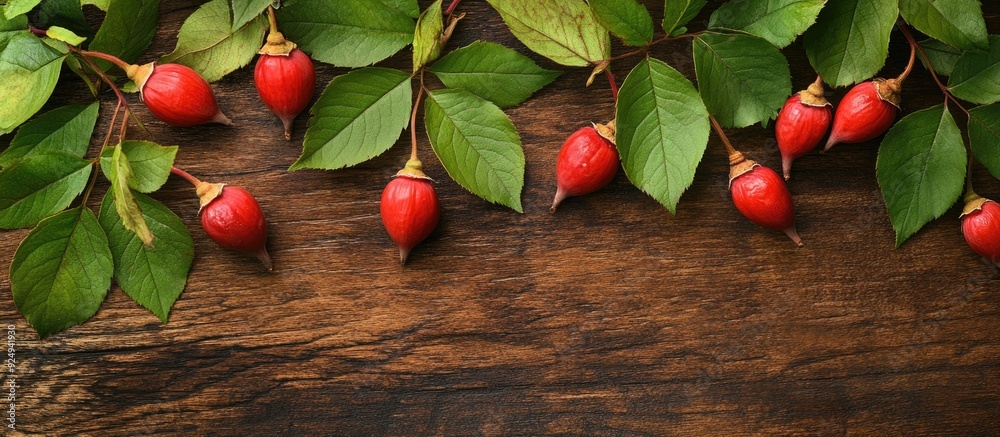 Leinwandbilder ripe rose hip berries alongside green leaves on a wooden table arranged in a flat lay room for text.