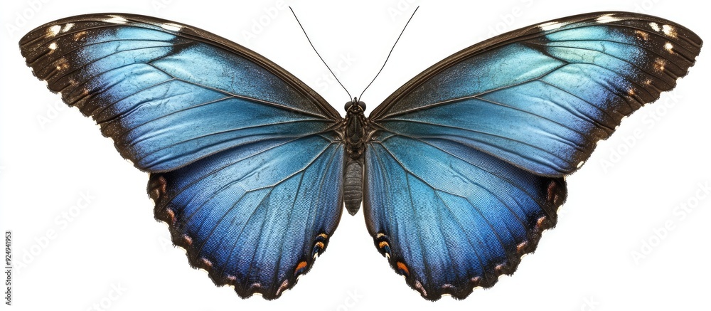 Poster A stunning Blue Morpho Butterfly set against a white background. with copy space image. Place for adding text or design