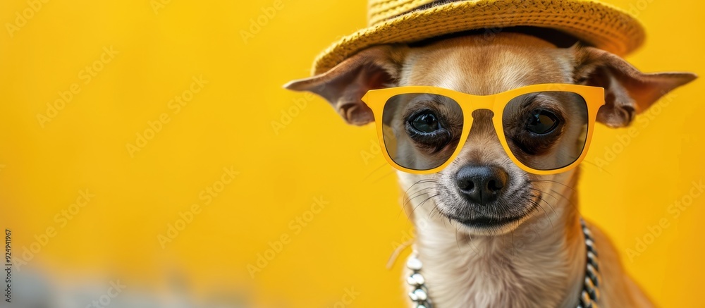 Poster portrait of an adorable chihuahua puppy wearing glasses a gold chain and a hat the small smiling dog