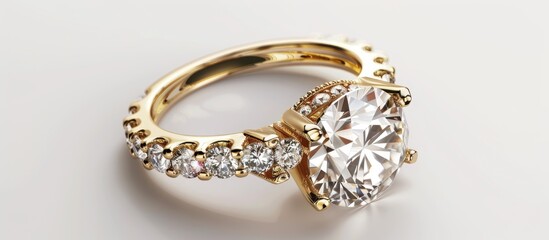 Gold diamond ring on a white background classic women s jewelry. with copy space image. Place for adding text or design