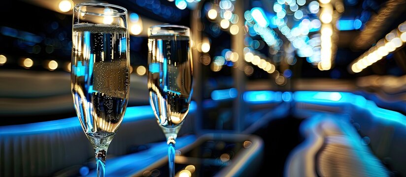 Empty champagne glasses inside a limousine. with copy space image. Place for adding text or design