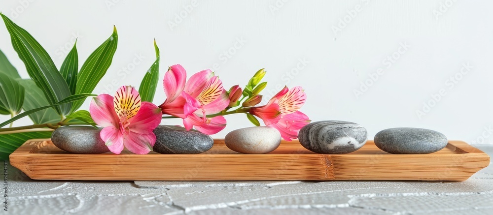 Poster spa stones alongside alstroemeria and bamboo in a wooden tray with water isolated on white. with cop