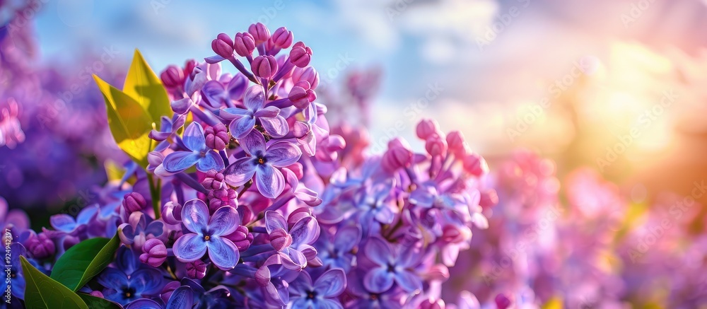Aufkleber Close up of a group of violet flowers against the sky. with copy space image. Place for adding text or design