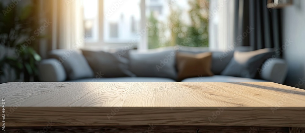 Aufkleber Wooden table in front of a blurred minimal Scandinavian living room ideal for showcasing advertising products. with copy space image. Place for adding text or design