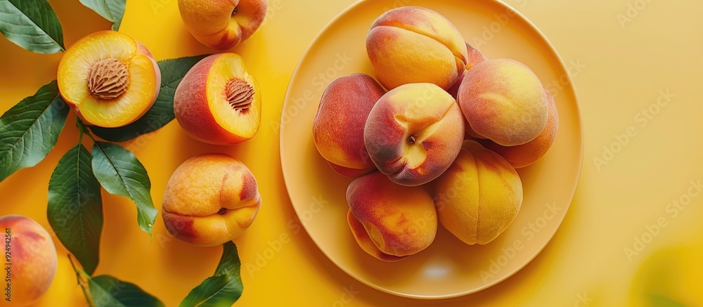 Aufkleber A plate with several whole fresh ripe peaches and green leaves is set on a white table in a flat lay arrangement There is space for text. with copy space image. Place for adding text or design