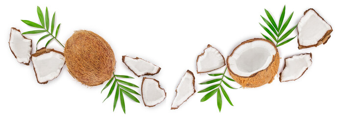 coconut with leaves isolated on white background with copy space for your text. Top view. Flat lay