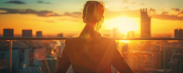 Fototapeta premium A woman stands on a balcony, gazing at a stunning sunset over the city skyline, capturing a moment of tranquility and reflection.