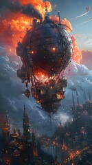 Steampunk Airship Over Fantasy City.