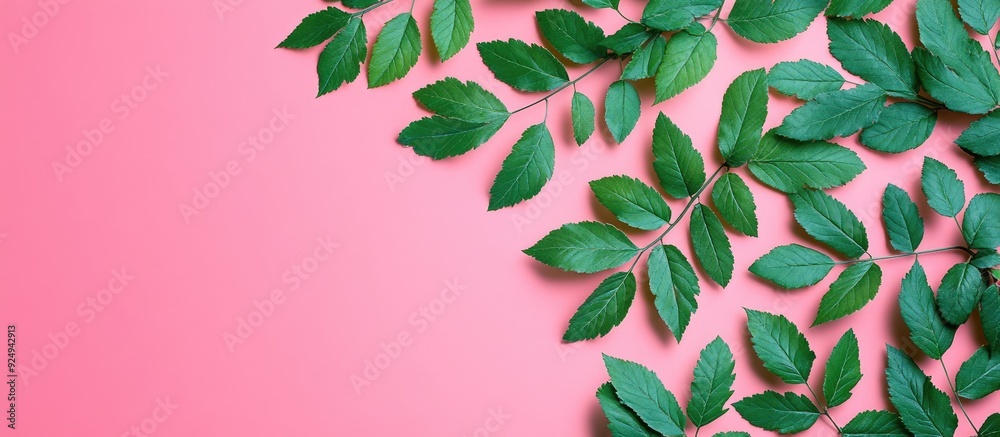 Poster Creative flat lay top view design featuring fresh green rowan tree leaves on a vibrant pink background with copy space presented in a minimal duotone pop art style serving as a frame template for tex