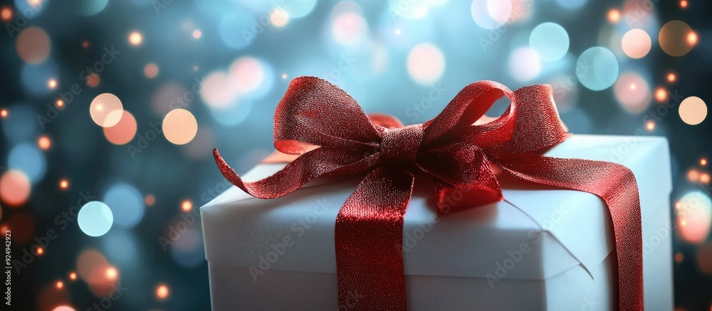 Poster christmas backdrop featuring a white gift box adorned with a red bow set against a background of chr