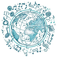 a globe surrounded by connected music notes and musical instruments, vector style, single color, simple lines ,generative ai