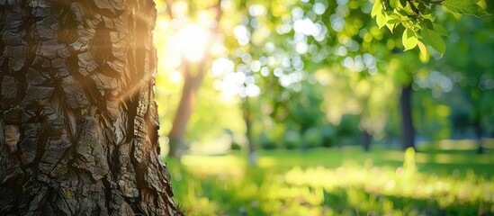Obraz premium Whitewashed bark of a tree in a sunny orchard garden against a blurred green copyspace background