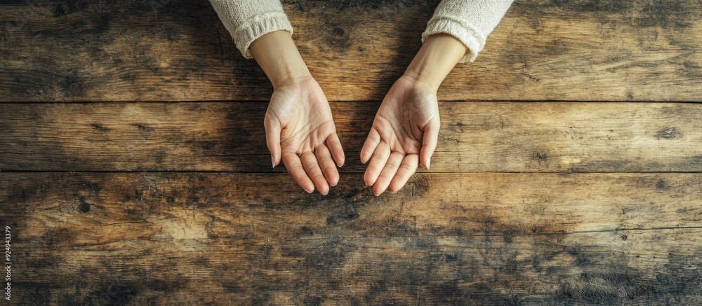 Poster Business still life depicting the idea of launching a venture with female hands set against a backdrop of a wooden worktable. with copy space image. Place for adding text or design