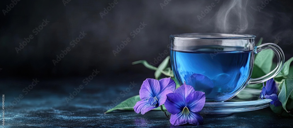 Poster butterfly pea flower tea against a dark backdrop. with copy space image. place for adding text or de