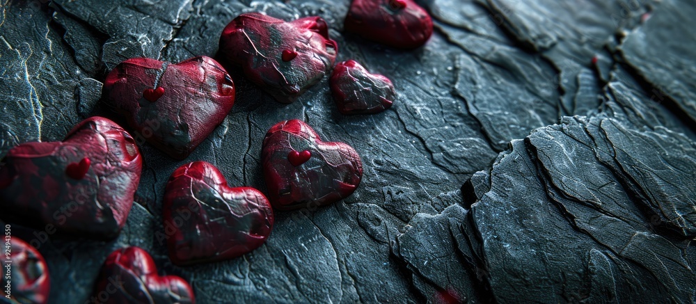 Poster hearts symbolizing valentine s day on a dark stone background. with copy space image. place for addi