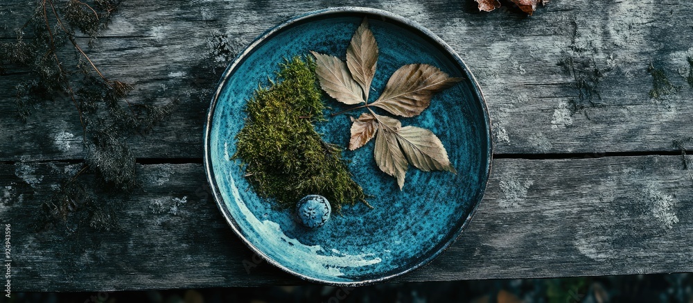 Poster plate featuring leaves and moss on a wooden surface. with copy space image. Place for adding text or design