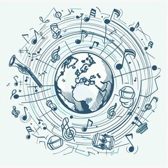 Obraz premium a globe surrounded by connected music notes and musical instruments, vector style, single color, simple lines ,generative ai