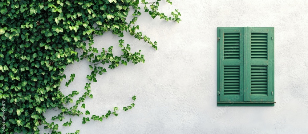 Poster Ivy climbing on a white wall with green window shutters. with copy space image. Place for adding text or design