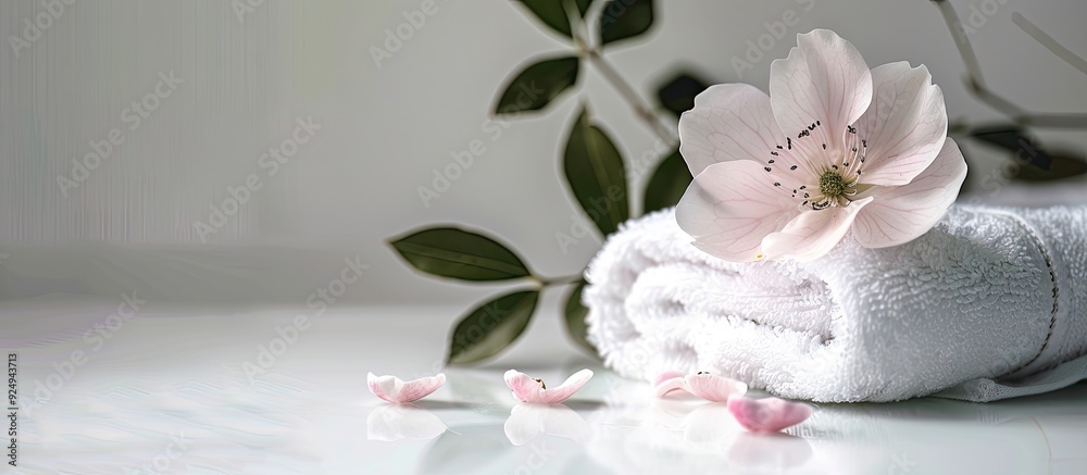 Poster spa arrangement featuring a towel and a pink flower on a white background with copy space square ima
