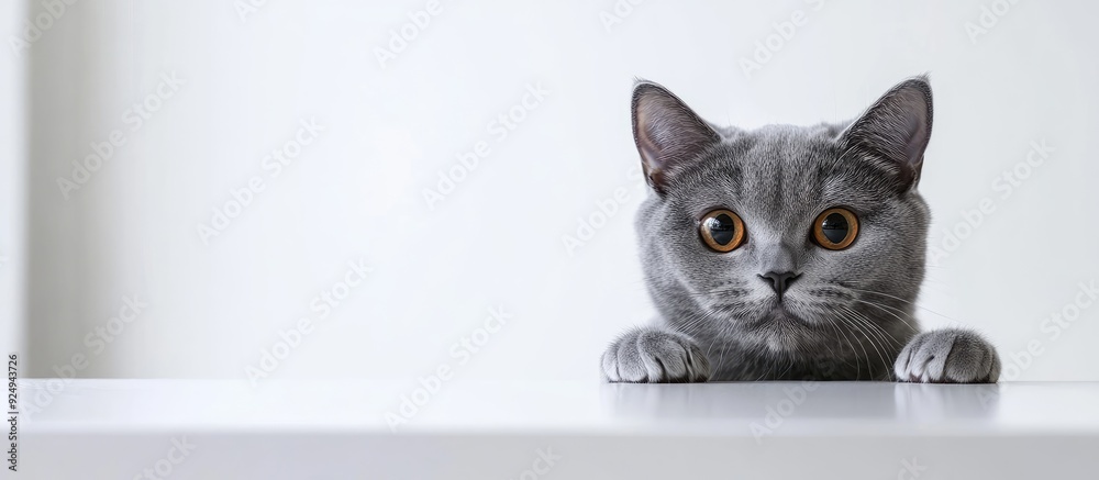 Poster a humorous gray british breed cat looks out from behind a white table against a light background wit