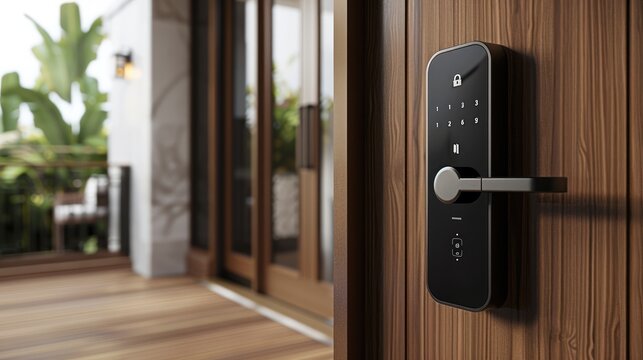 A sleek, modern smart lock with a black, glossy finish is installed on a natural wood-colored door. with a sophisticated matte finish. minimalist and brutalist. Generative AI.