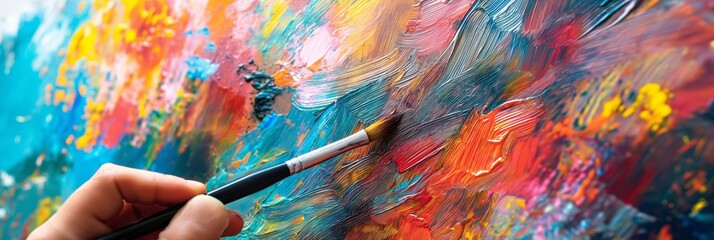A hand is seen painting an abstract work on canvas with vibrant colors, demonstrating the process and creativity in art creation.