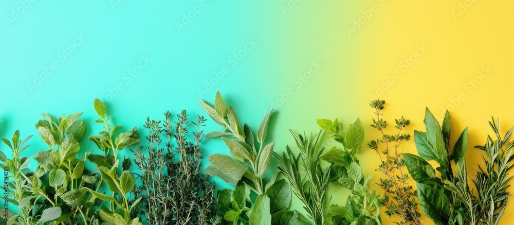 Fototapete Arrangement of various herbs on a colorful background. with copy space image. Place for adding text or design