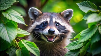 Obraz premium Adorable raccoon with a bright, toothy grin peeking out from behind a leaf, showcasing its playful and curious nature in a lush forest setting.