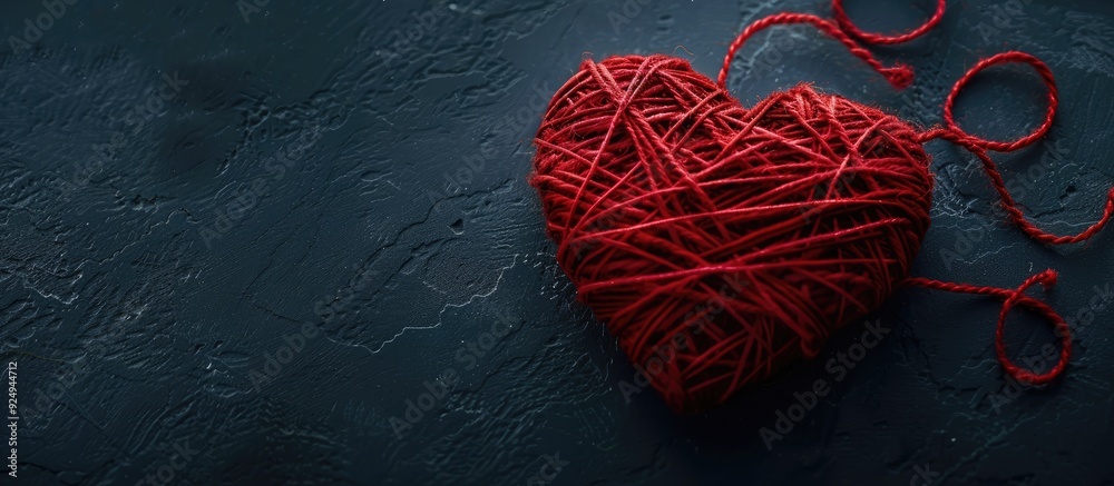 Poster A Valentine s Day heart crafted from red wool threads against a dark backdrop Area for design and text Themes of holidays and love. with copy space image. Place for adding text or design