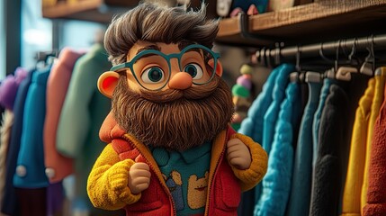 adorable bearded character picking outfits in a store