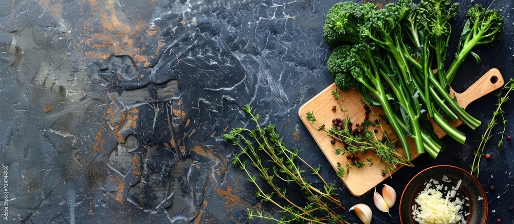 Poster roasted broccolini cabbage with crispy parmesan cheese white background top view copy space