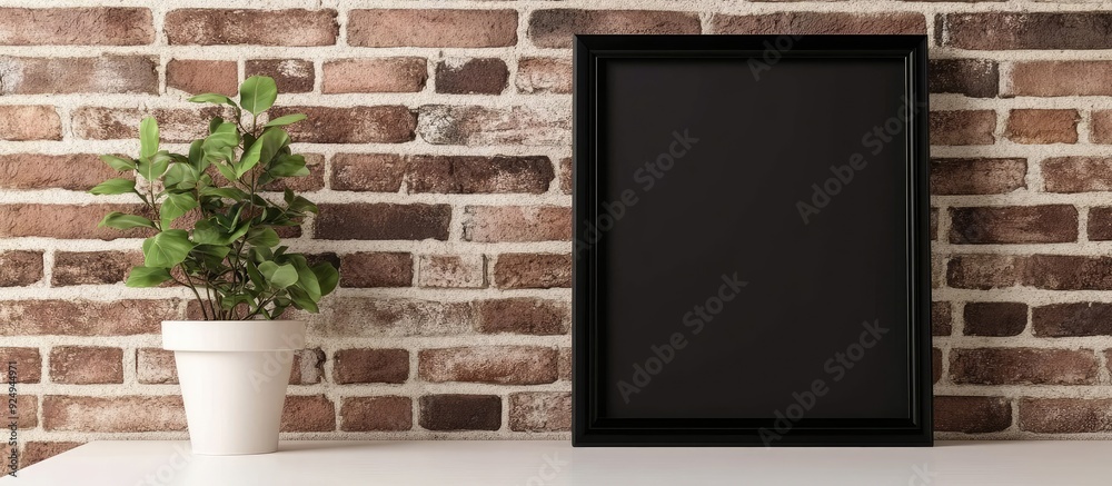 Leinwandbilder black cardboard photo frame on a white table in front of a brick wall mockup against a brick backdro
