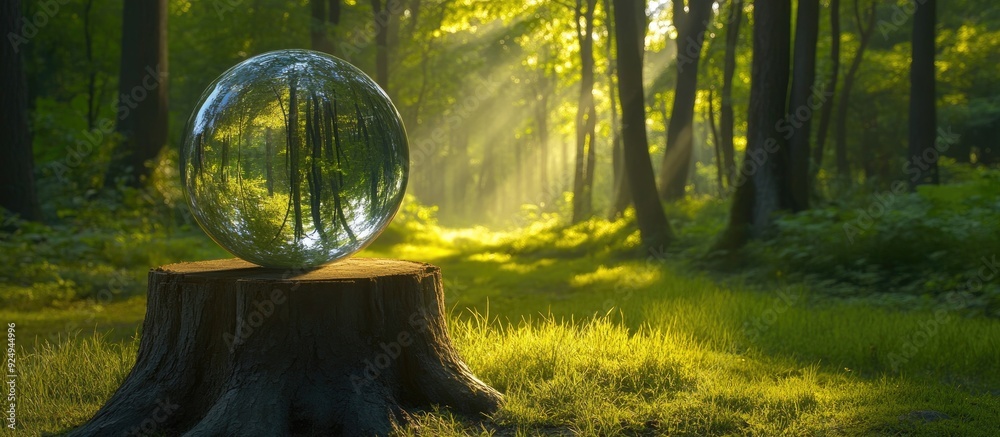 Fototapete Beautiful green trees outdoors with an inverted reflection A crystal ball on a stump in the forest Area for text. with copy space image. Place for adding text or design