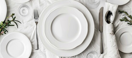 Image of empty plates with a decorative background for copyspace or food composition
