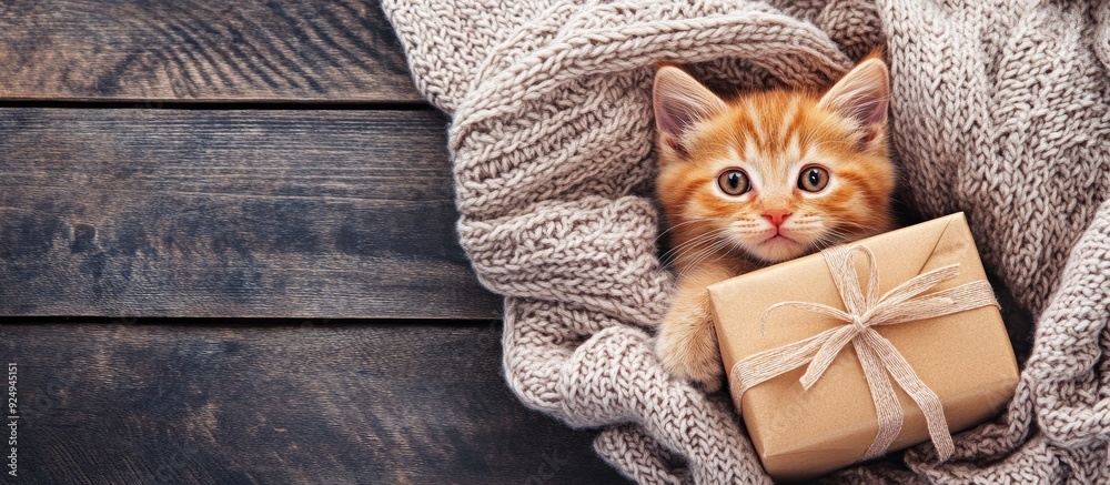 Aufkleber Adorable kitten resting under a blanket next to a gift box View from above Blank area for text. with copy space image. Place for adding text or design