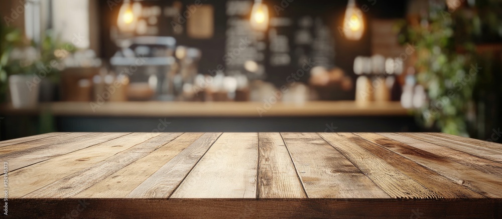 Poster Empty wooden table in front of an abstract blurred coffee shop background The table can be used for showcasing or presenting your products Mock up for displaying product. with copy space image