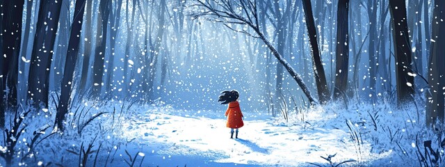 Fototapeta premium Charming cartoon girl strolling through a snowy woodland