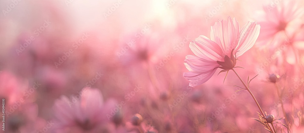 Aufkleber Pink cosmos flower in a field of cosmos creating a romantic dreamy color mood in a natural backdrop with copy space