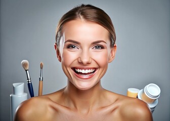 Smiling woman poses in studio with radiant smile, showcasing healthy teeth and gums, surrounded by dental cosmetics, against a clean grey background, exuding confidence and joy.