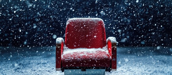 Image of snow falling on a single red cinema seat Entertainment and cinema concept digitally created. with copy space image. Place for adding text or design
