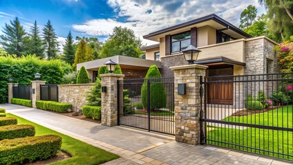 A modern suburban home with iron gates, stone walls, and security cameras, surrounded by lush greenery and a serene atmosphere, conveying safety and protection.