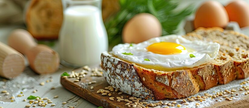 Tasty sliced bread a glass of fresh milk and boiled eggs set against a yellow and green background Healthy eating idea Foods suitable for a bland diet Copy space