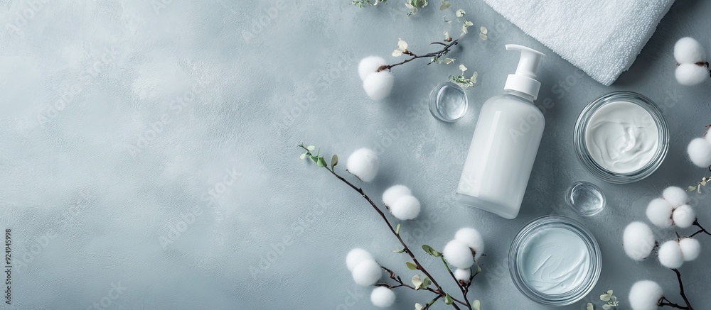 Poster top view of facial care products bottles and jars of tonic micellar cleansing water cream and cotton