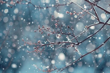 Snow falling on tree branches with pink buds, creating a serene winter scene