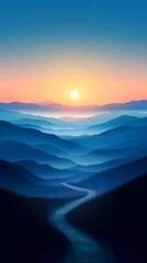 Fototapeta premium A winding river meanders through a vast valley, with the setting sun illuminating a mountain range in the distance.